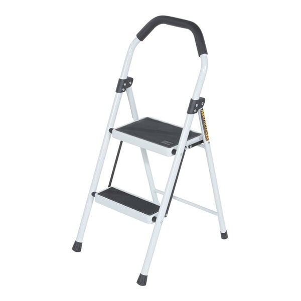 A white steel 2-step fold-up step ladder with a black handle and non-slip steps.