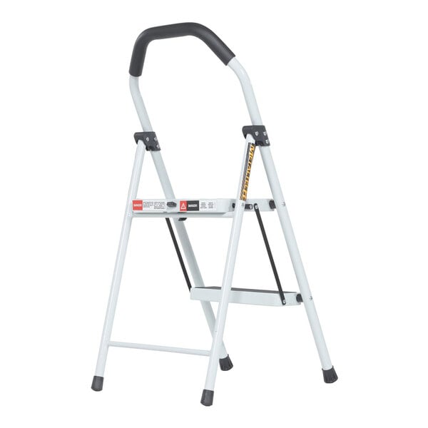 A white steel 2-step fold-up step ladder with a black handle.