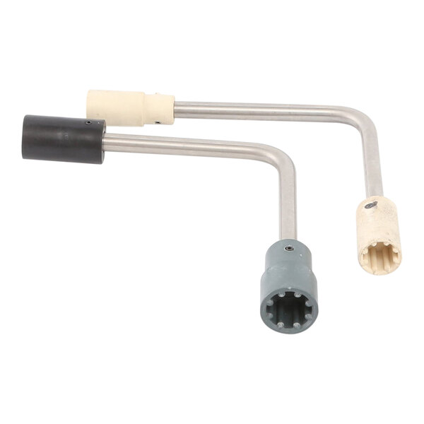 A pair of metal Sammic blocking blade tools with two different types of pipe fittings.