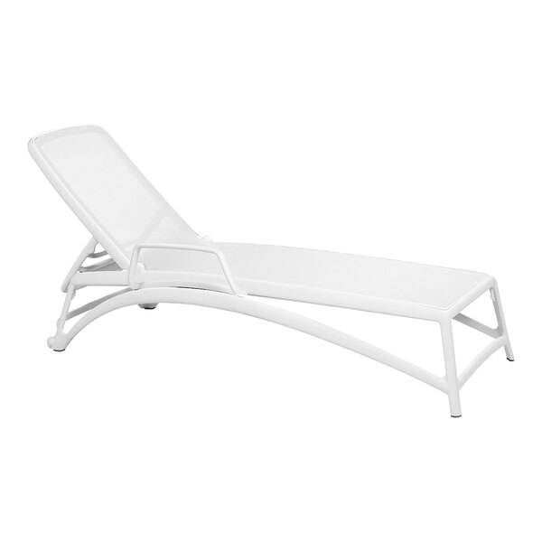A white chaise lounge with armrests designed for outdoor use.