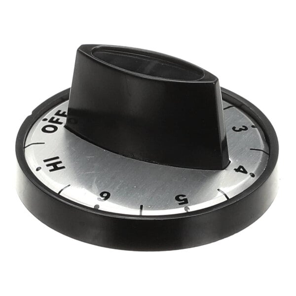 A black dial with silver numbers and a black plastic handle.