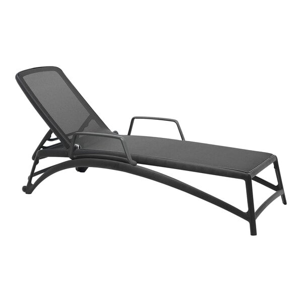 A black chaise lounge chair with armrests and a mesh backrest.