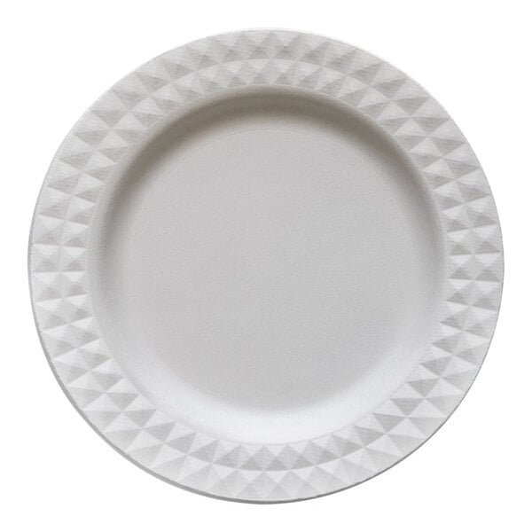 A white Jungle Decor sugarcane pulp plate with a diamond pattern.
