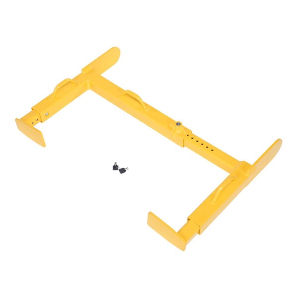 A yellow steel adjustable trailer wheel lock with two included keys.