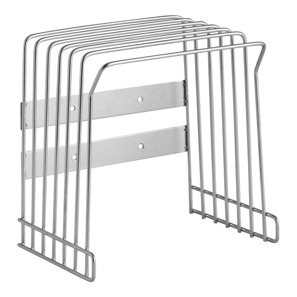 A silver wall-mounted wire rack with six slots for storing cutting boards.