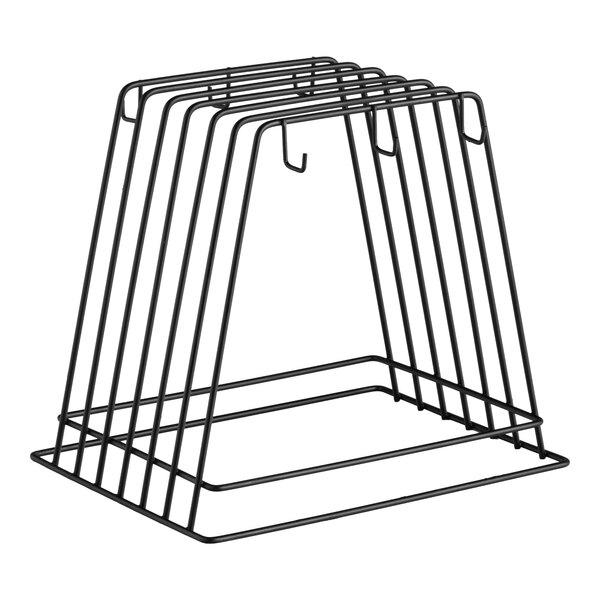 A black wire rack with six slots designed for storing cutting boards.