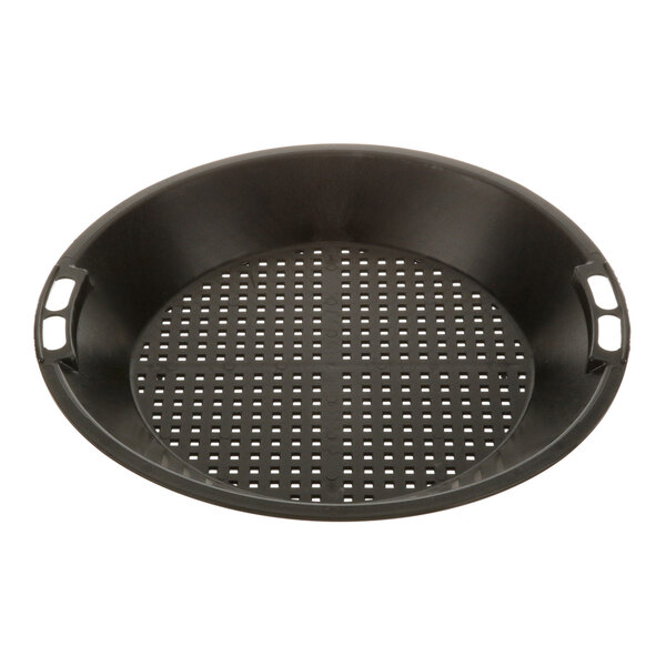 A black round AllPoints disposer strainer with holes.