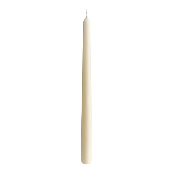 A single tall, white taper candle with a pointed tip and a visible wick.