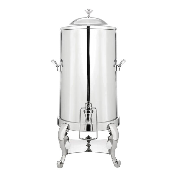 A Bon Chef stainless steel coffee chafer urn with a lid and chrome trim.
