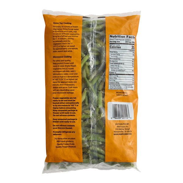A 2-pound bag of individually quick frozen whole green beans with cooking instructions and nutrition facts on the packaging.