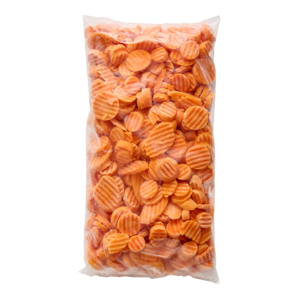 A bag of frozen crinkle-cut carrots.