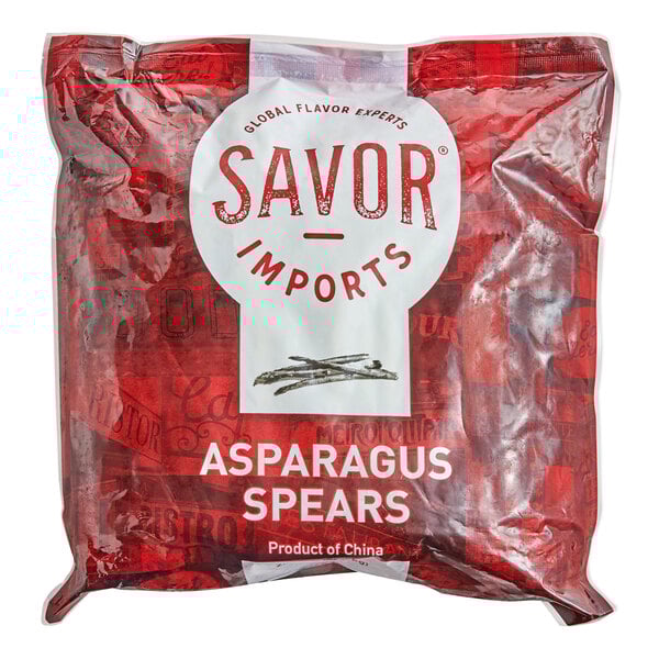 A bag of Savor Imports IQF Grade A Medium Asparagus Spears.
