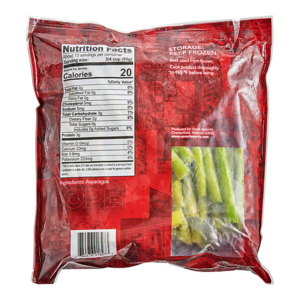 A bag of Savor Imports IQF Grade A Medium Asparagus Spears.