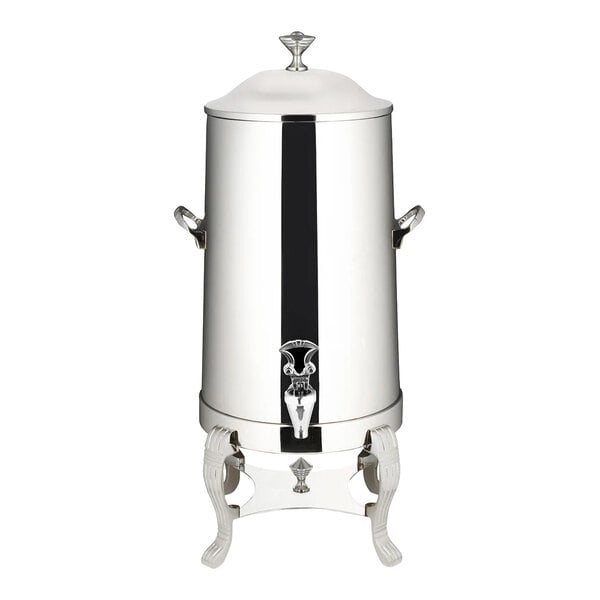 A silver Bon Chef coffee chafer urn with a black and chrome lid.