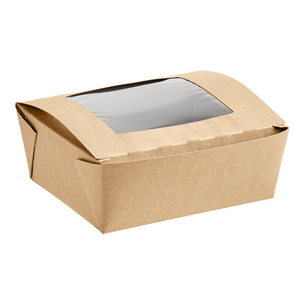 A brown paper box with a clear window.