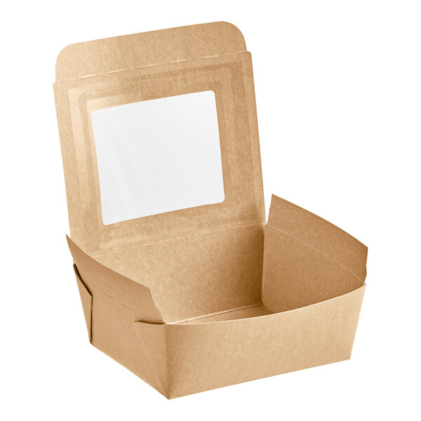 A brown Fold-Pak paper take-out box with a white square window.