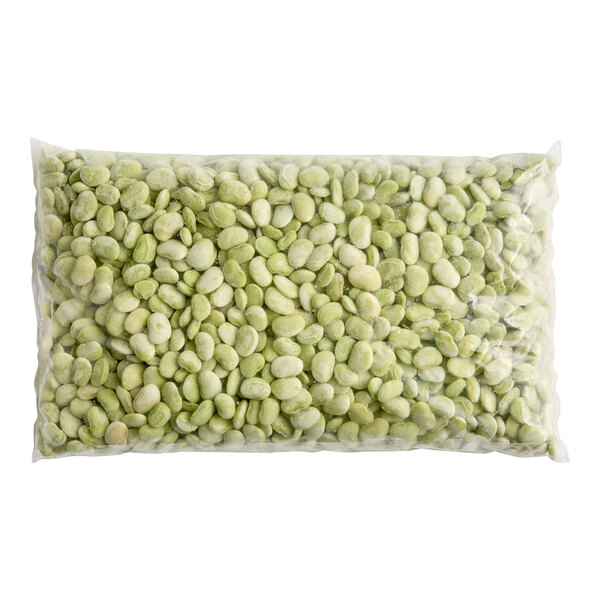A sealed plastic bag containing individually quick frozen (IQF) lima beans.