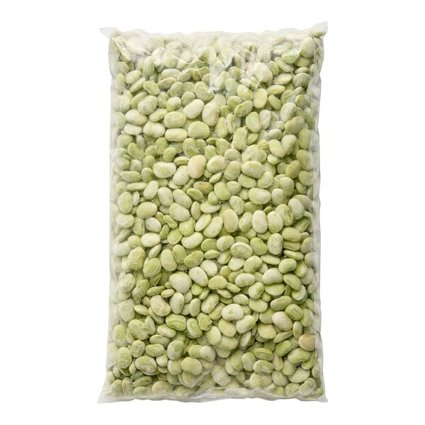 A sealed plastic bag filled with individually quick frozen (IQF) lima beans.