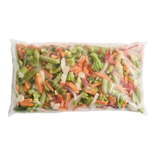 A sealed plastic bag containing a mix of frozen stir-fry vegetables.