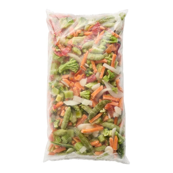 A sealed plastic bag containing a mix of frozen stir-fry vegetables.