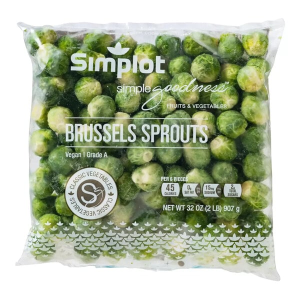 A bag of Simplot Simple Goodness Brussels sprouts.