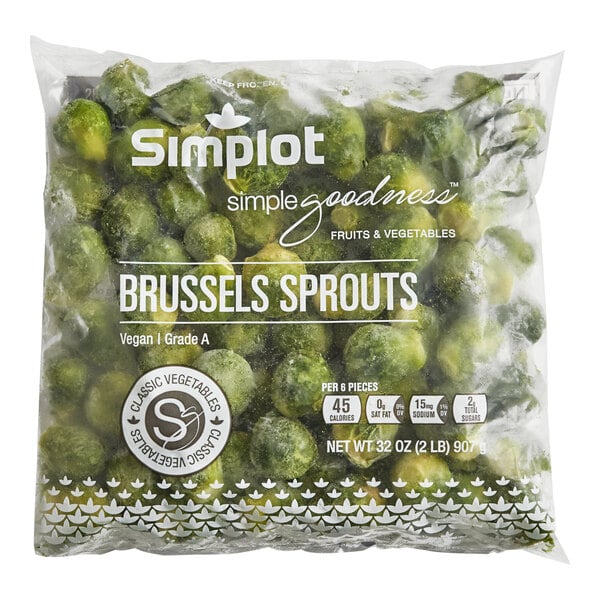 A bag of Simplot Simple Goodness frozen Brussels sprouts.