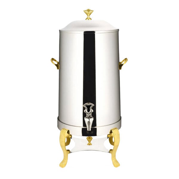 A Bon Chef stainless steel coffee chafer urn with brass trim.