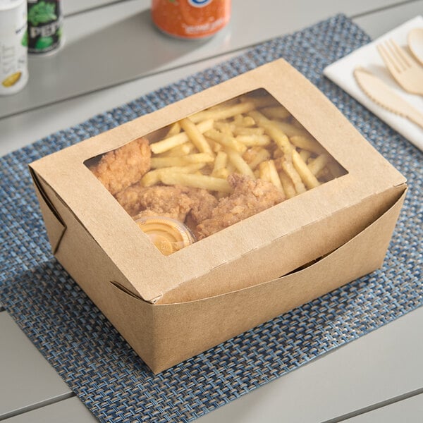 Fold-Pak Bio-Plus View #4 7 3/4" x 5 1/2" x 3 1/2" Kraft Microwavable Folded Poly-Lined Paperboard Take-Out Container with Window - 140/Case