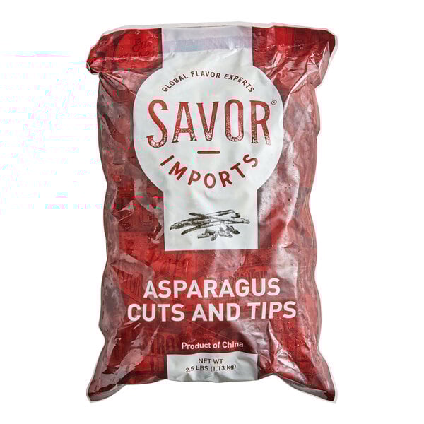 A 2.5-pound bag of Savor Imports IQF Grade A asparagus cuts and tips.