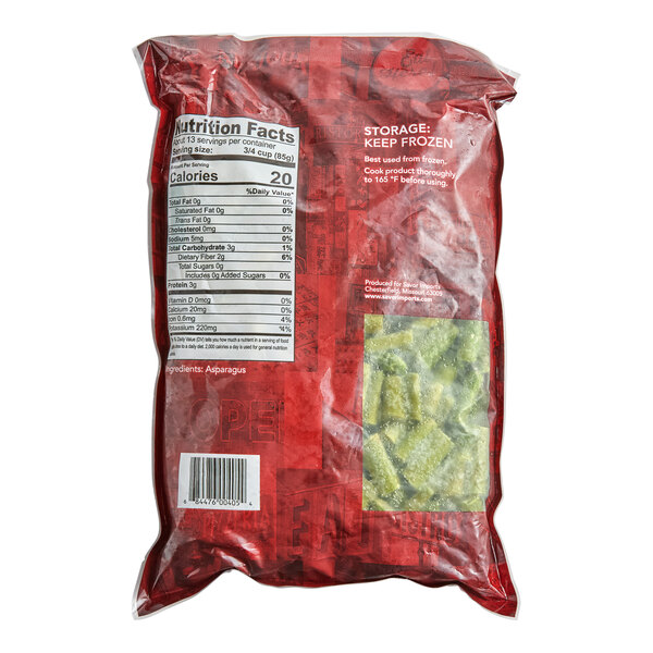 A bag of Savor Imports IQF Grade A Asparagus Cuts and Tips.