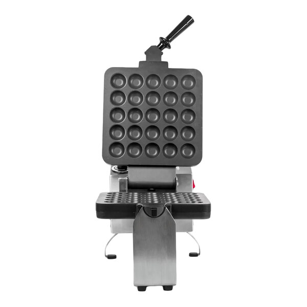 A commercial waffle maker with non-stick waffle ball plates and a stainless steel base.