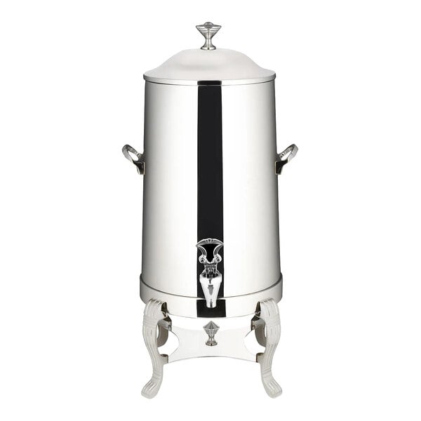 A Bon Chef stainless steel coffee urn with a black lid and chrome trim.