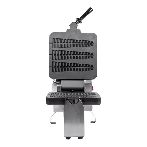 A commercial waffle maker with long waffle on a stick plates and a stainless steel base.