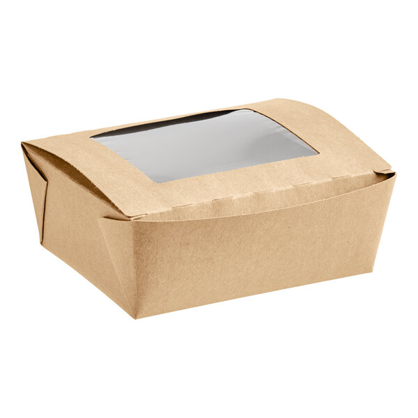 A brown paper box with a clear window.