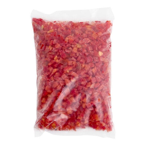 A sealed plastic bag containing individually quick frozen diced red peppers.