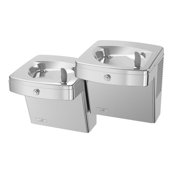 A stainless steel bi-level drinking fountain with vandal-resistant features and non-refrigerated design.