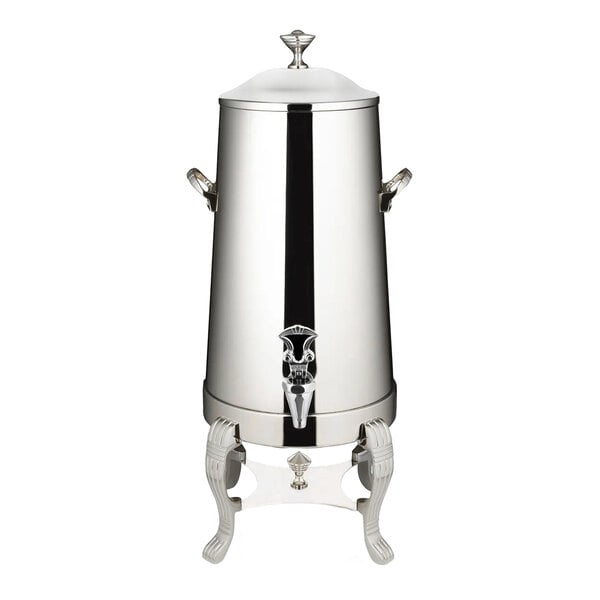 A Bon Chef stainless steel coffee chafer urn with a lid and chrome trim.