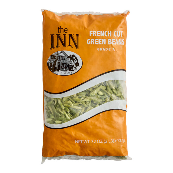A 2-pound bag of IQF French-cut green beans in orange packaging labeled 'The Inn'.