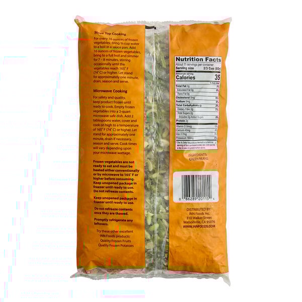 A 2-pound bag of IQF French-cut green beans with cooking instructions and nutrition facts on the packaging.