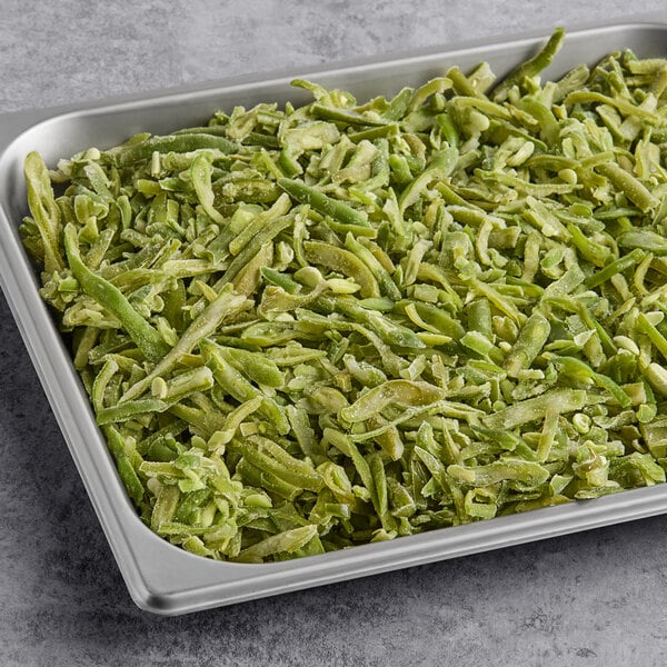 A tray of individually quick frozen (IQF) French-cut green beans.