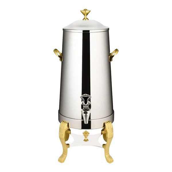 A Bon Chef stainless steel coffee chafer urn with brass trim on a white background.