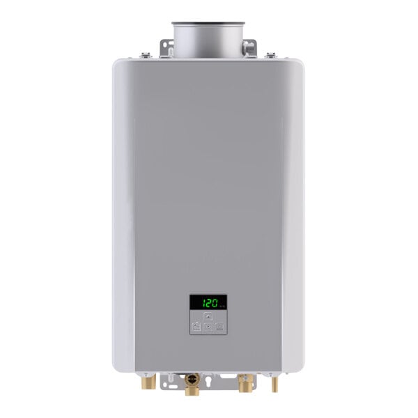 A white rectangular Rinnai tankless water heater with a digital display.