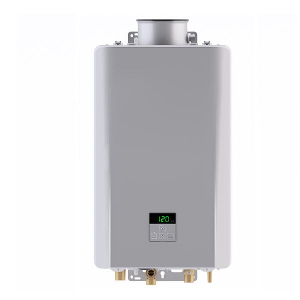 A wall-mounted indoor tankless water heater with a digital display and multiple connection points at the bottom.
