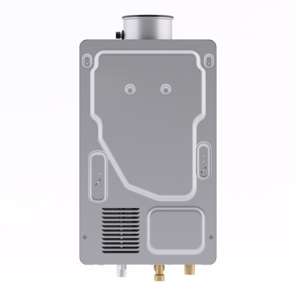 A wall-mounted indoor tankless water heater designed for use with liquid propane.