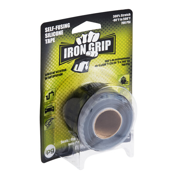 A roll of IPG Iron Grip 1-inch by 10-foot clear self-fusing silicone rubber electrical and utility tape in retail packaging.