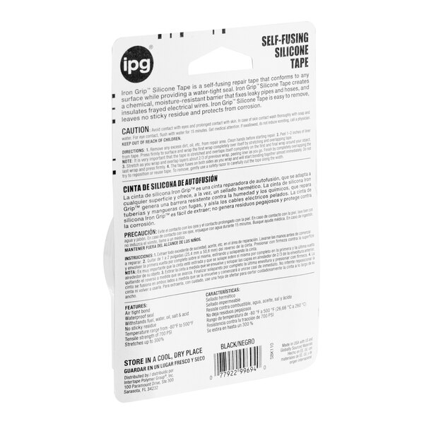 A package of IPG Iron Grip 1-inch by 10-foot clear self-fusing silicone rubber electrical and utility tape.