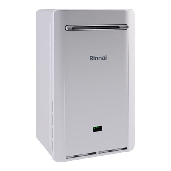 A white rectangular Rinnai tankless water heater with a green screen.