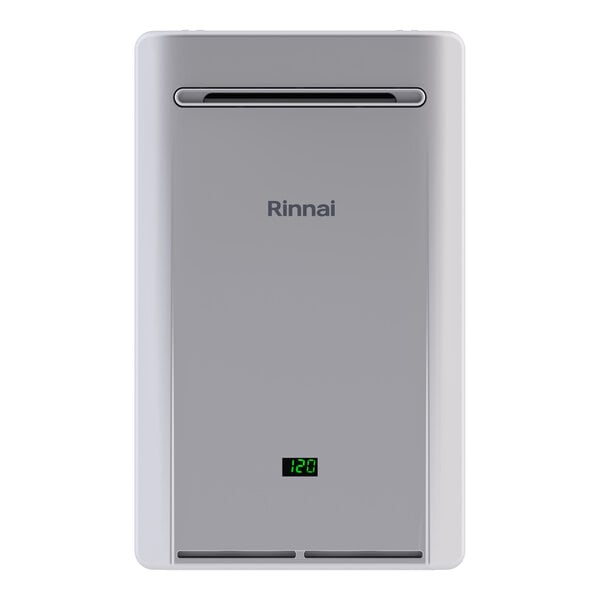 A wall-mounted outdoor tankless water heater with a digital display, labeled Rinnai.