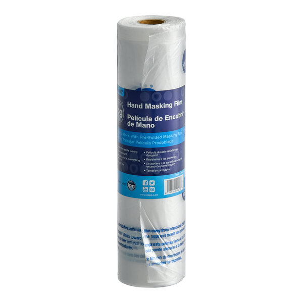 A roll of clear printed overspray protection hand masking film.