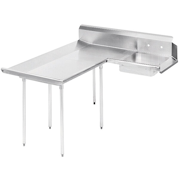 An Advance Tabco stainless steel L-shape dishtable with legs.